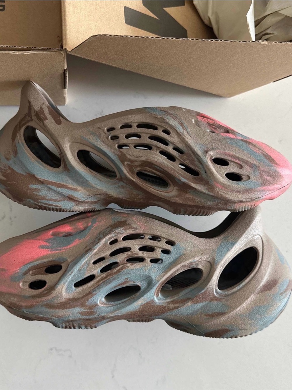 Yeezy Kids Water Foam Slip-On Clog in Brown with Blue & Pink Swirl
